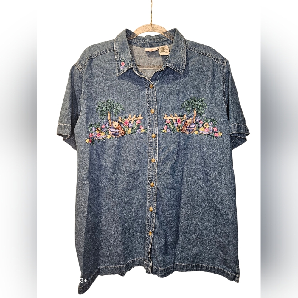 VTG Bobbie Brooks embroidered denim button down shirt womans size 18W/20W